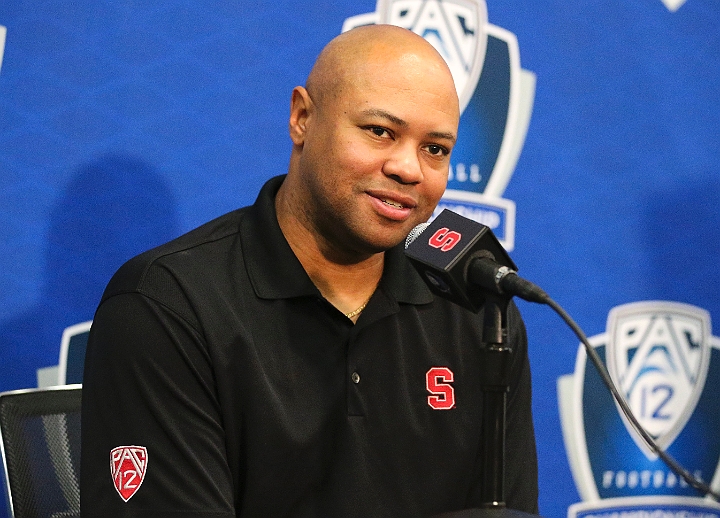 121129 Pac-12 Fri SA-013.JPG - Nov 29, 2012; Stanford, CA, USA; Stanford coach David Shaw at the press conference prior to the 2012 Pac-12 championship at Stanford Stadium.
